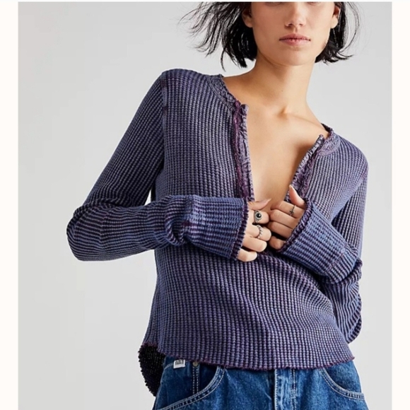 Free People One Colt Purple Long Sleeve Thermal Henley - Picture 1 of 11